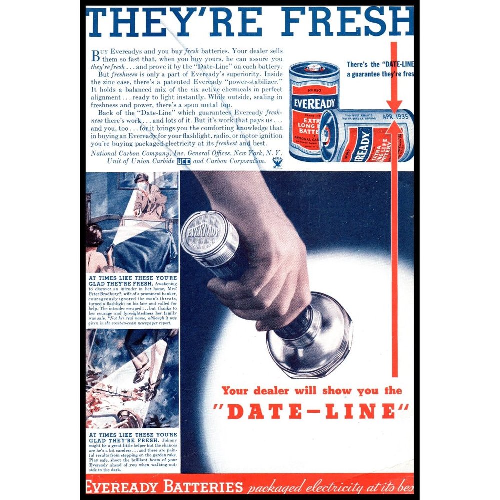 1934 Eveready Batteries Flashlight Battery Vintage Print Ad Wall Art Photo
